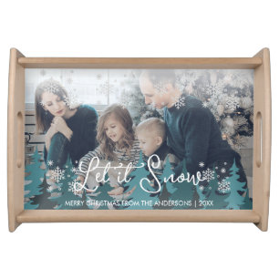 Let It Snow Snowflakes Pine Tree Christmas Photo Serving Tray