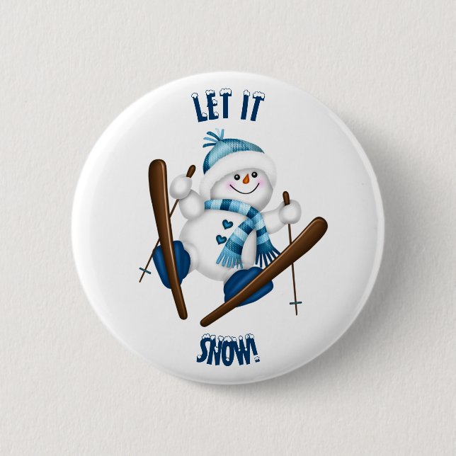 Let It Snow! Snowman Skier Button (Front)