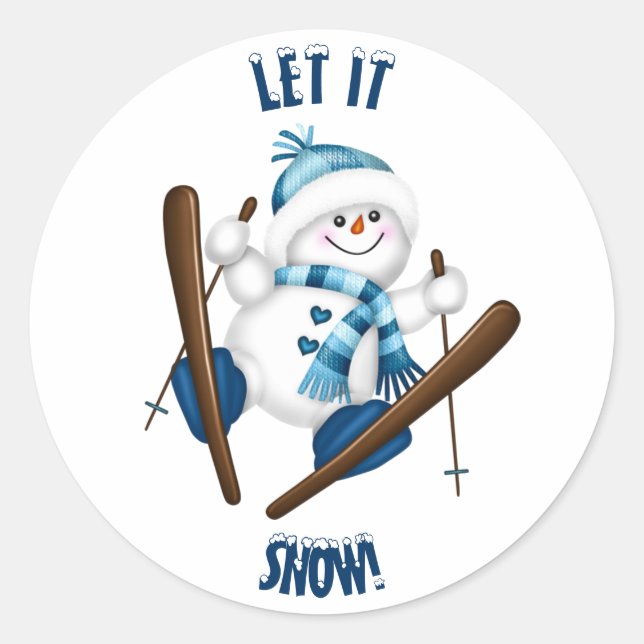 Let It Snow! Snowman Skier Classic Round Sticker (Front)
