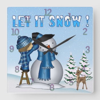 Let It Snow Snowman Square Wall Clock by TheHomeStore at Zazzle