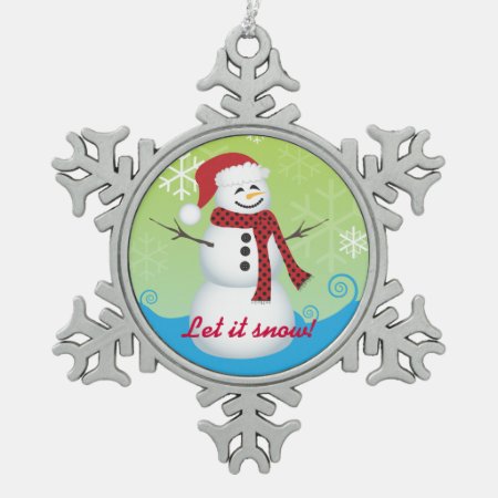 Let It Snow! Snowman Wearing Santa Hat Snowflake Pewter Christmas Orna