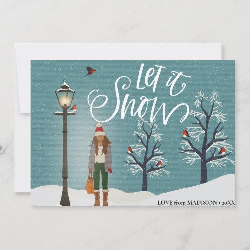 Let It Snow  Snowy Scenery With Winter Bird Holiday Card