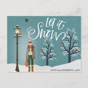 Let It Snow Snowy Scenery With Winter Bird Holiday Postcard