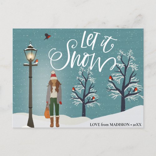 Let It Snow  Snowy Scenery With Winter Bird Holiday Postcard