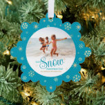 Let It Snow Somewhere Else Modern Vacation Photo Ornament Card<br><div class="desc">“Let it snow (somewhere else).” A fun, humorous quote with playful, whimsical turquoise typography, faux gold foil snowflakes, and your personal message/name/year overlay the photo of your choice. A faux gold snowflake pattern and your personal message in white overlay turquoise blue on the back. Usher in the holiday season, as...</div>