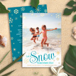 Let It Snow Somewhere Else Travel Photo Real Gold Foil Holiday Card<br><div class="desc">“Let it snow (somewhere else).” A fun, humorous quote with playful, whimsical turquoise typography, real gold foil snowflakes, and your personal message/name/year in real gold foil overlay the photo of your choice. A faux gold snowflake pattern and your personal message in white overlay turquoise blue on the back. Choose from...</div>