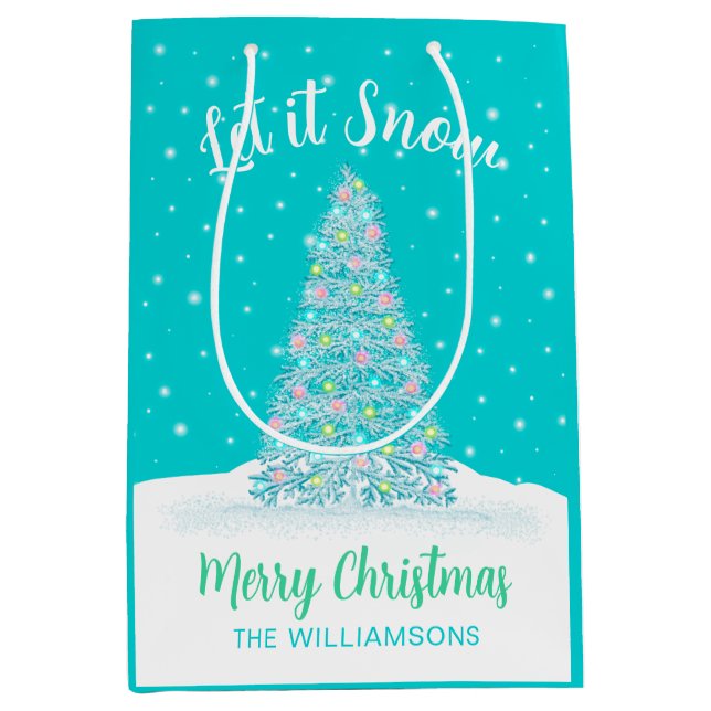 Let it Snow Teal Aqua Christmas Tree Holiday Medium Gift Bag (Front)