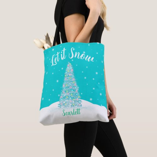 Let it Snow Teal Aqua Christmas Tree Holiday Tote Bag