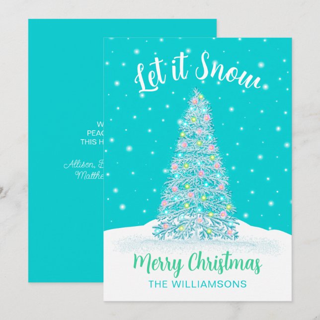 Let it Snow Teal Aqua Decorated Christmas Tree Holiday Card (Front/Back)