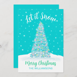 Let it Snow Teal Aqua Decorated Christmas Tree Holiday Card
