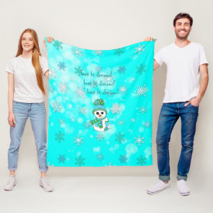 Let It Snow Teal Snowflakes and Snowman Christmas Fleece Blanket