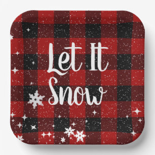 Let It Snow Text on Buffalo Plaid Paper Plates