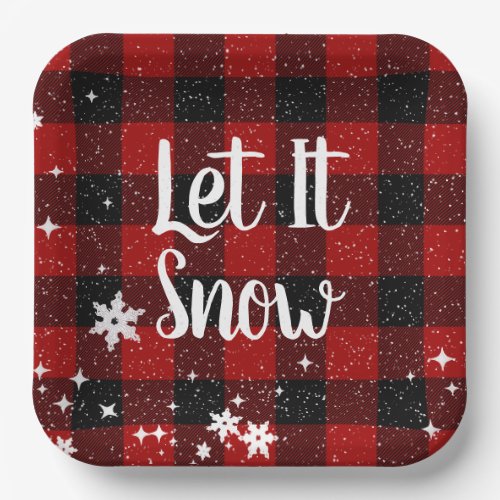 Let It Snow Text on Buffalo Plaid Paper Plates