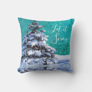 Let it snow throw pillow winter teal white elegant