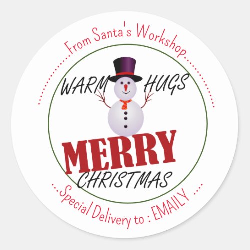 Let it Snow Warm Hugs from Snowman Christmas eve Classic Round Sticker