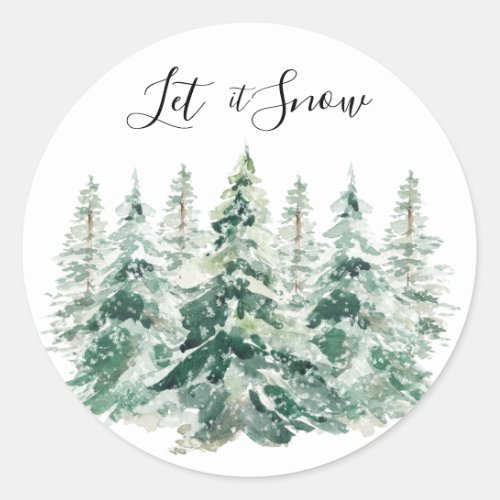 Let It Snow Watercolor Christmas Pine Trees Classic Round Sticker