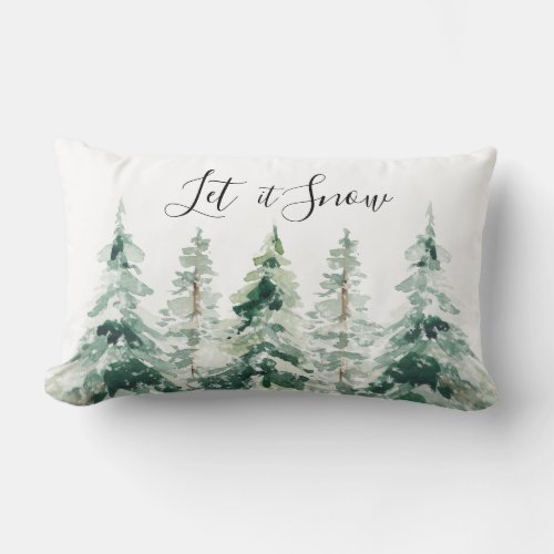 Let it Snow Watercolor Christmas Pine Trees Lumbar Lumbar Pillow