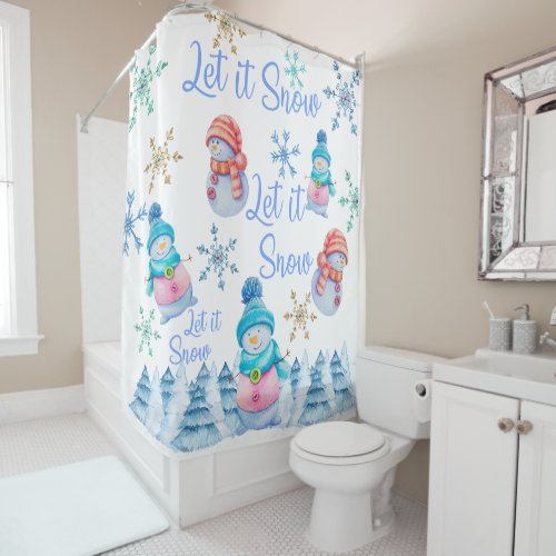 Let It Snow Watercolor Snowman Shower Curtain