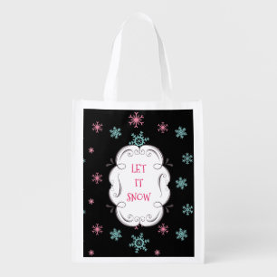 Let it Snow Whimsical Frame On Snowflakes Wintery Reusable Grocery Bag