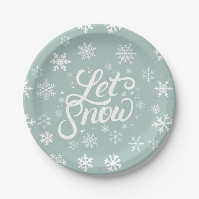 Let It Snow White Snowflakes Mint Green Holiday Paper Plates (Front)