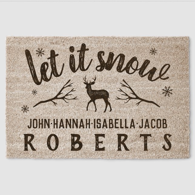 Let It Snow Winter Deer Personalized Name Fiber Doormat (Front)