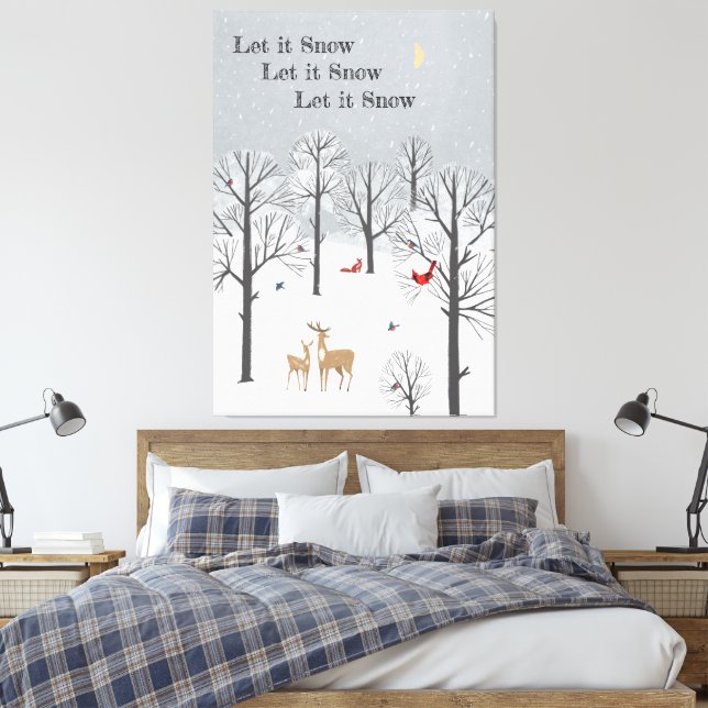 Let It Snow - Winter Flurries, Deer and Birds Canv Canvas Print (Insitu(Bedroom))