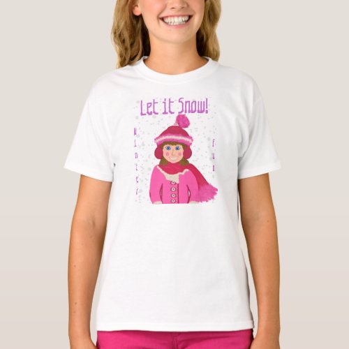 Let it Snow Winter Fun Girls Pink Hat Scarf T_Shirt