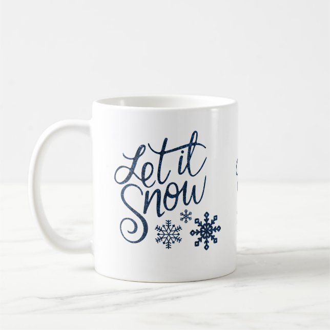 Let It Snow Winter Glitter Blue Script Coffee Mug (Left)