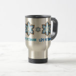 Let It Snow Winter Holiday Blue Snowflake Hanukkah Travel Mug<br><div class="desc">Great for gifting! Travel mug design features an original marker illustration of a row of blue snowflake sugar cookies. Great for the winter holidays.
Don't see what you're looking for? Need help with customization? Click "contact this designer" to have something created just for you!</div>