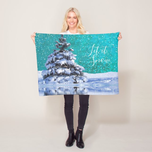 Let it snow winter snow elegant teal white fleece blanket (In Situ)