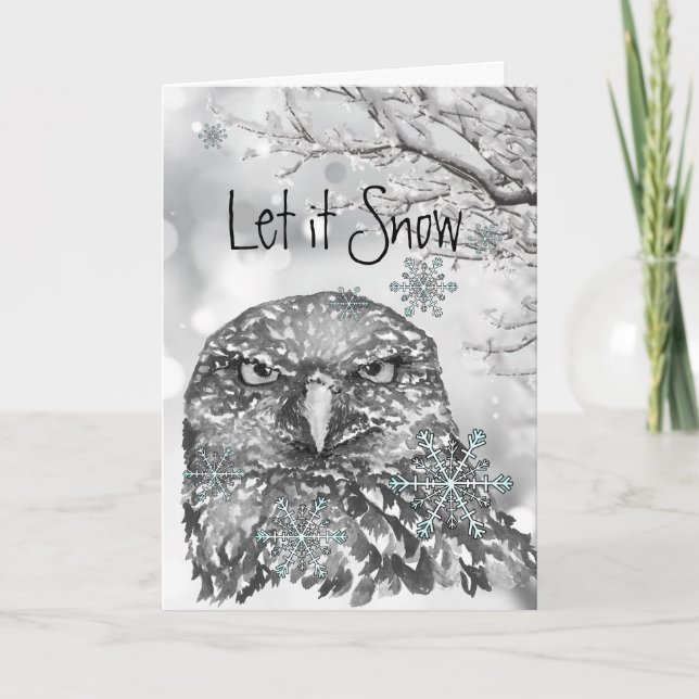 Let it Snow Winter Snowflakes Fun Christmas Owl   Holiday Card (Front)