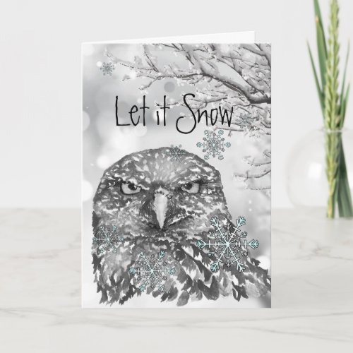 Let it Snow Winter Snowflakes Fun Christmas Owl   Holiday Card