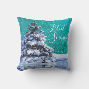 Let it snow winter tree teal gray white elegant throw pillow