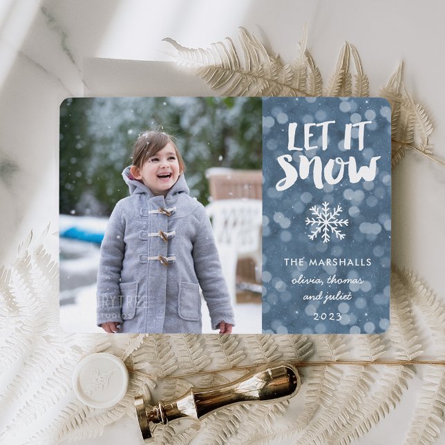 Let It Snow Wintry Blue Bokeh Photo Card (Creator Uploaded)