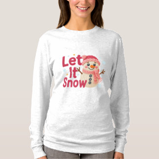Let It Snow Women’s – Faux Embroidery Snowman T-Shirt
