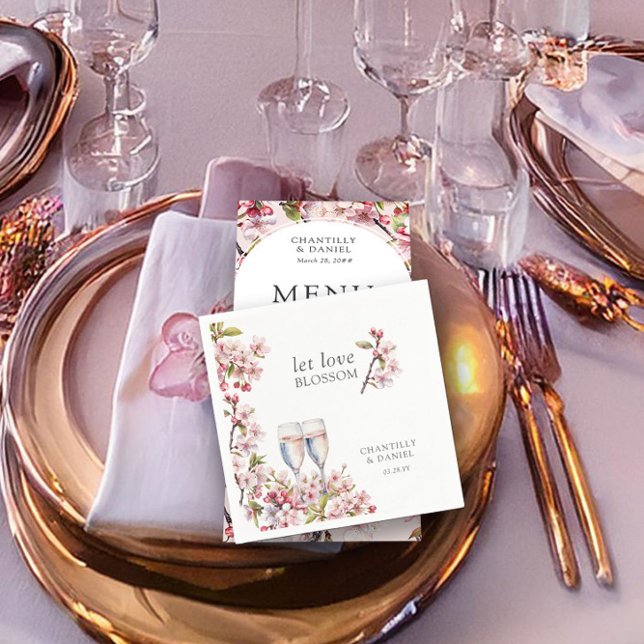 Let Love Blossom Pink Cherry Tree Flowers Wedding Napkins (Let love blossom, spring wedding napkins from the Cherry Blossom wedding collection by Darling & May)