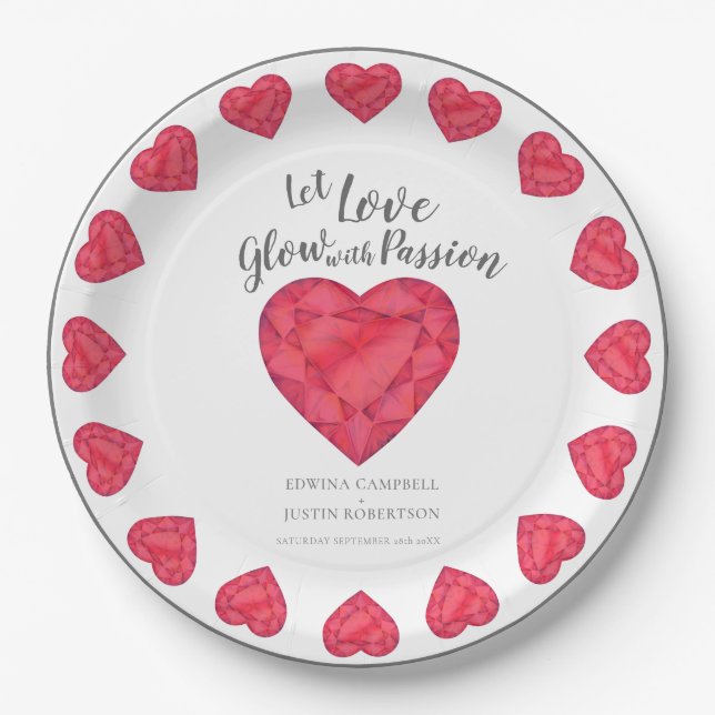 Let love glow passion ruby heart wedding paper plates (Front)