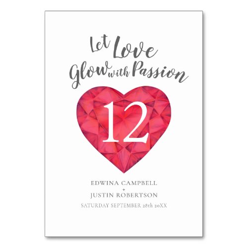 Let love glow with passion watercolor ruby red table number