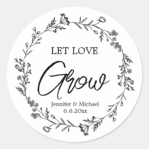 let love grow black&white botanical wedding classic round sticker