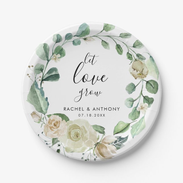 Let Love Grow Boho Chic Botanical Floral Wreath Paper Plates (Front)