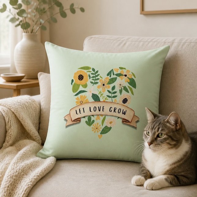 Let Love Grow | Botanical Heart Throw Pillow (Creator Uploaded)