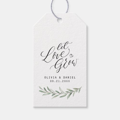 "Let love grow" calligraphy rustic greenery favors Gift Tags