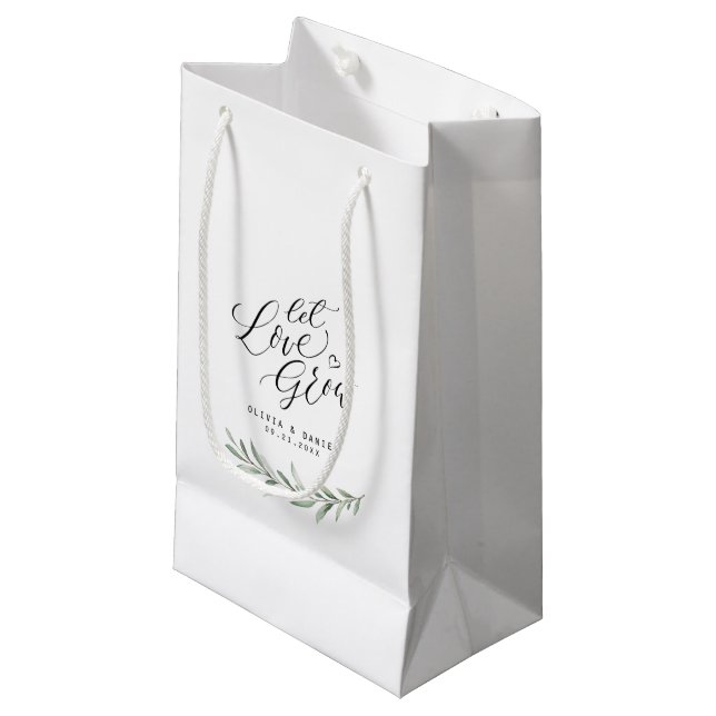 "Let love grow" calligraphy rustic greenery favors Small Gift Bag (Front Angled)