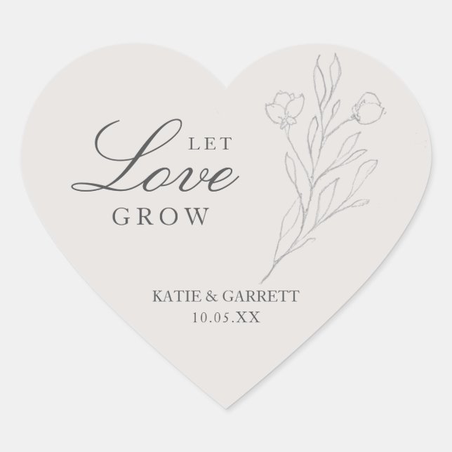 Let Love Grow Elegant Gray Floral Wedding Favor Heart Sticker (Front)