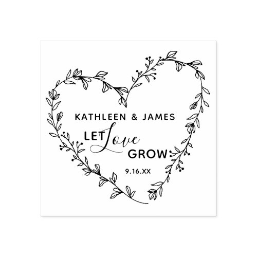 Let Love Grow Floral Heart Wreath Wedding Rubber Stamp