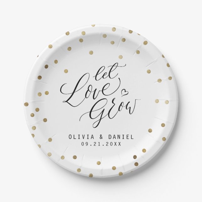 "Let love grow" modern calligraphy wedding Paper Plates (Front)