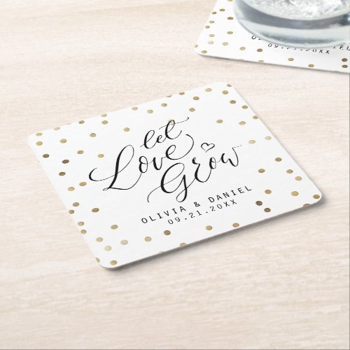 Let love grow modern calligraphy wedding Square Paper Coaster