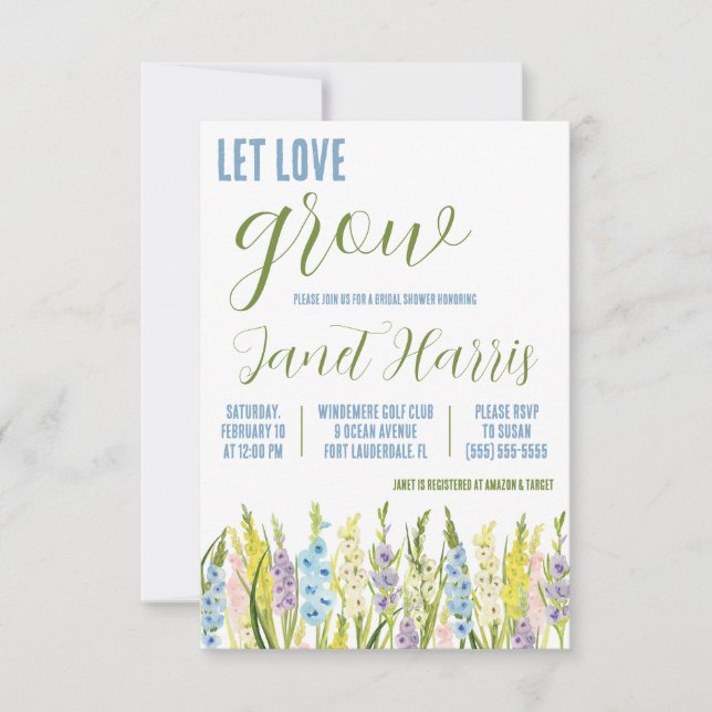 Let Love Grow, Pastel Blue Gladiolus Bridal Shower Invitation (Front)