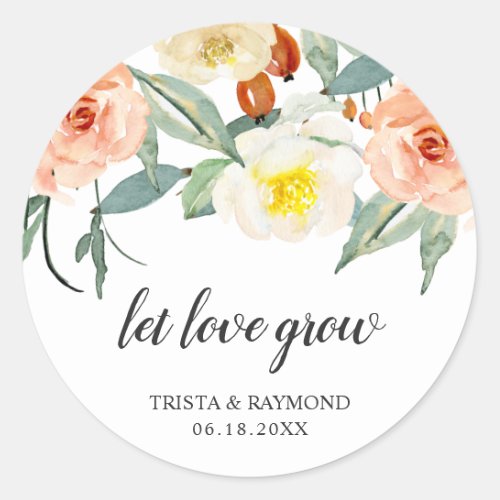 Let Love Grow Peach Floral Wedding Favor Classic Round Sticker