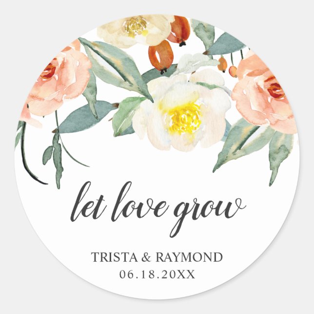 Let Love Grow Peach Floral Wedding Favor Classic Round Sticker (Front)